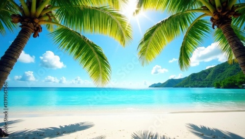 Sun-drenched palms arch over dazzling turquoise sea, white sand beach , polynesian, reef