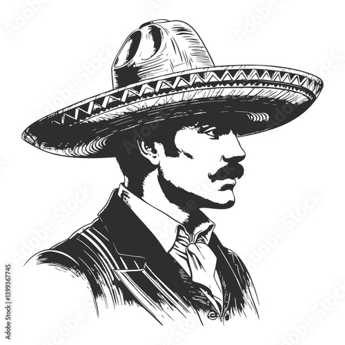 Man wearing a large sombrero is perfect for Mexican culture themed designs, festive events, travel advertisements. AI generative vector illustration. Imitation of scratchboard engraving.