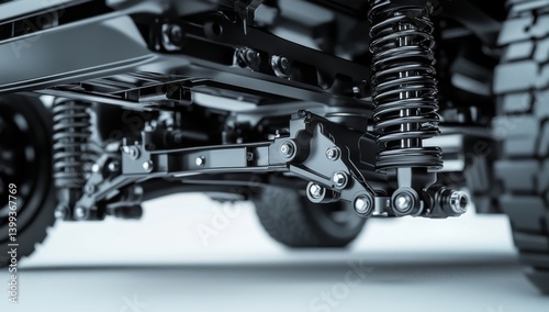 Close-up of a vehicle's suspension system.  Detailed view of shock absorbers, springs, and chassis components