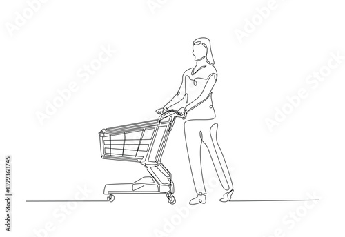 Woman pushing trolley at supermarket in continuous one line drawing. Single line art illustration of woman with shopping cart . Editable vector.