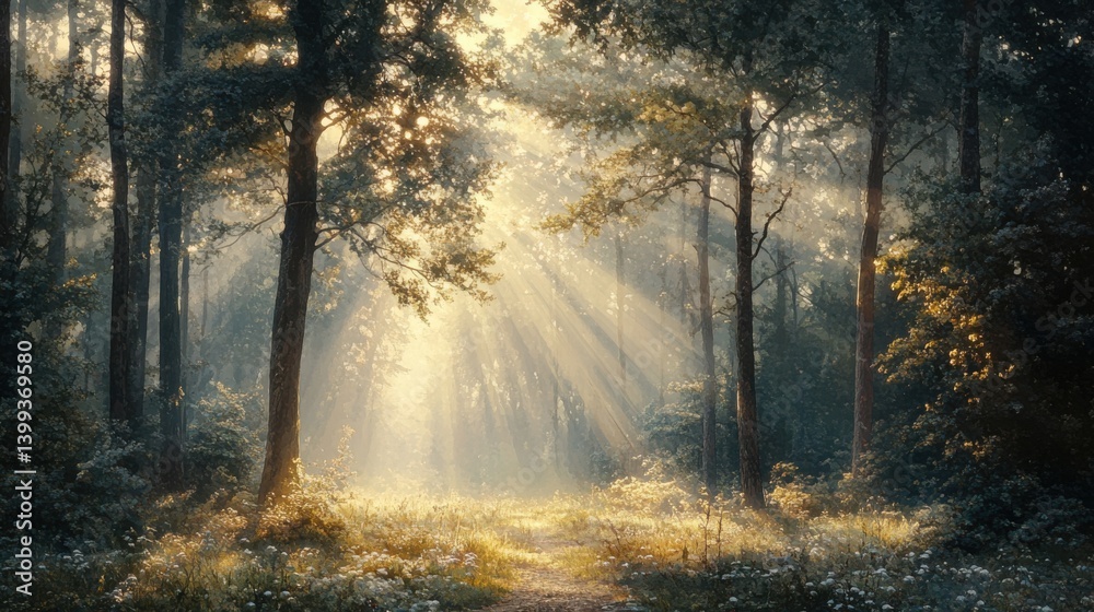 Fototapeta premium A serene forest scene with sunlight streaming through the trees, creating a peaceful and magical atmosphere.