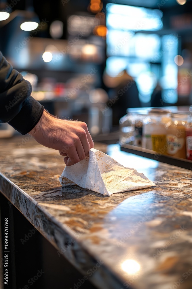 Someone wipes the counter after making a mess. Another tosses a napkin into the trash. They joke about cleaning duties