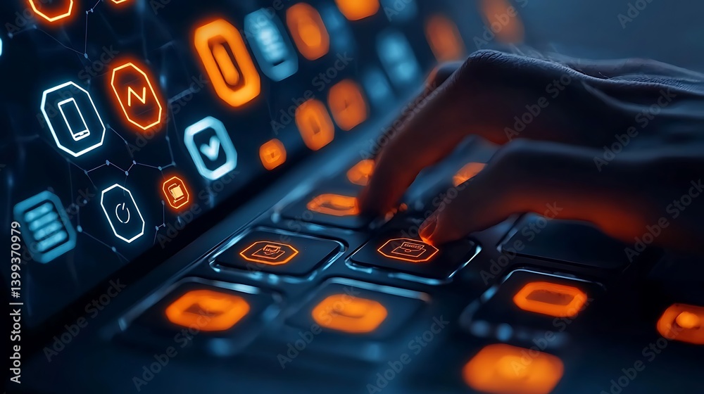 Fingers Typing on a Futuristic Glowing Keyboard Displaying Interface Icons for Advanced Technology and Data Processing, Blue and Orange Palette.