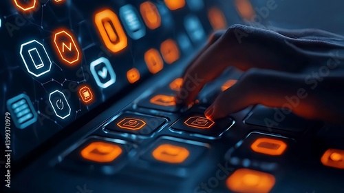 Obraz na płótnie Fingers Typing on a Futuristic Glowing Keyboard Displaying Interface Icons for Advanced Technology and Data Processing, Blue and Orange Palette. w salonie