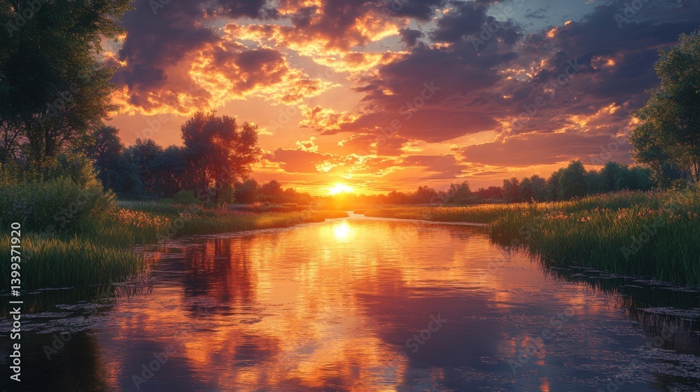 A serene sunset over a river surrounded by lush greenery, reflecting vibrant colors in the water, creating a tranquil and picturesque landscape. A serene sunset over a river surrounded by lush greenery, reflecting vibrant colors in the water, creating a tranquil and picturesque landscape.