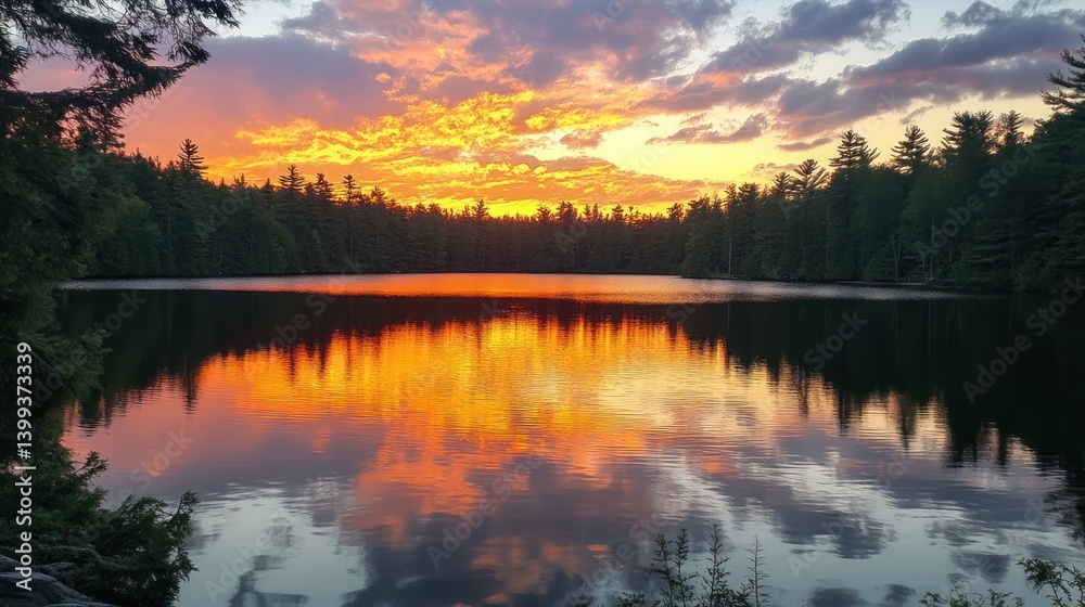 Vibrant sunset reflected in a calm lake, surrounded by lush evergreen forest. Vibrant sunset reflected in a calm lake, surrounded by lush evergreen forest.