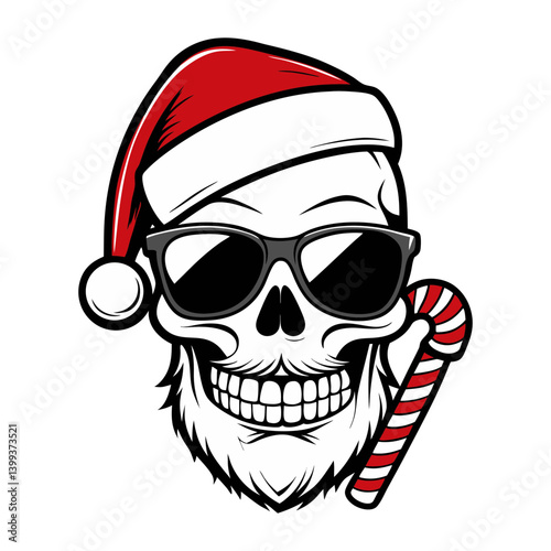 Colorful Santa Claus Skull Wearing a Christmas Hat with Sunglass, candy, lights Vector Illustration