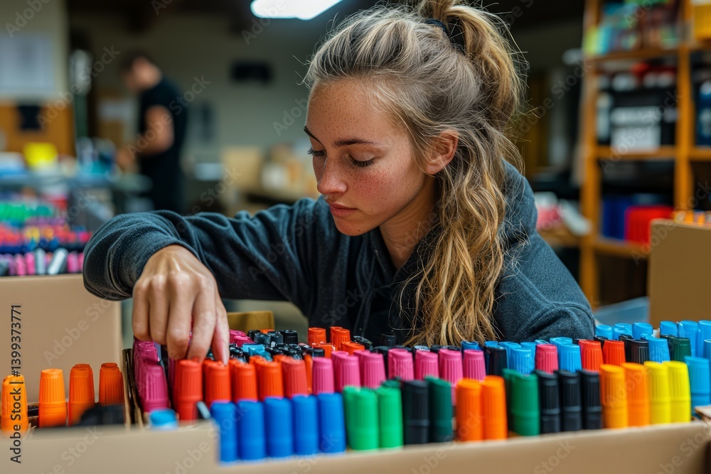 A team member opens a new box of markers. They test one on a scrap paper. The lid clicks as they cap it