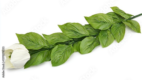 Artificial White Rose with Glittery Green Leaves, Generative AI.