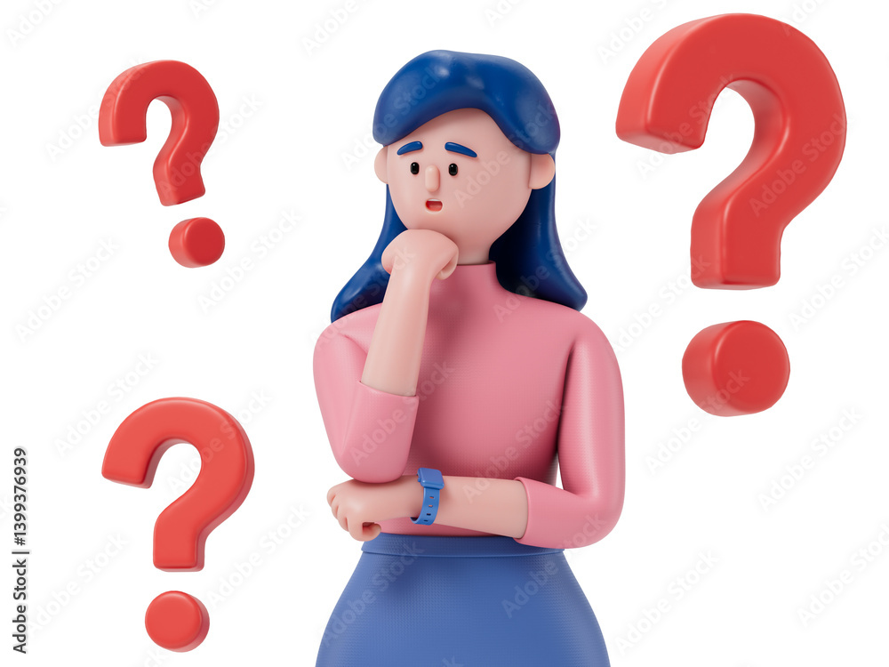 A woman in a light blue shirt and dark blue trousers stands with a hand on his chin, surrounded by red question marks. His thoughtful pose symbolizes contemplation or problem-solving. A woman in a light blue shirt and dark blue trousers stands with a hand on his chin, surrounded by red question marks. His thoughtful pose symbolizes contemplation or problem-solving.