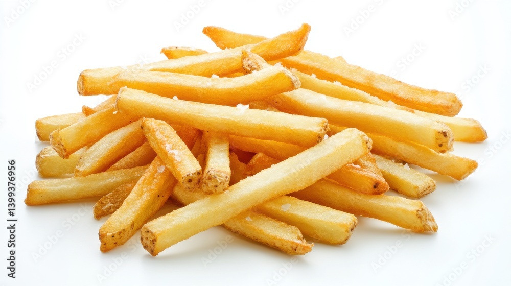 A heap of crispy golden French fries with a light, flaky texture, meticulously arranged on a pristine white background. The fries have a slight sheen of oil, highlighting their perfect crunchiness. So A heap of crispy golden French fries with a light, flaky texture, meticulously arranged on a pristine white background. The fries have a slight sheen of oil, highlighting their perfect crunchiness. So
