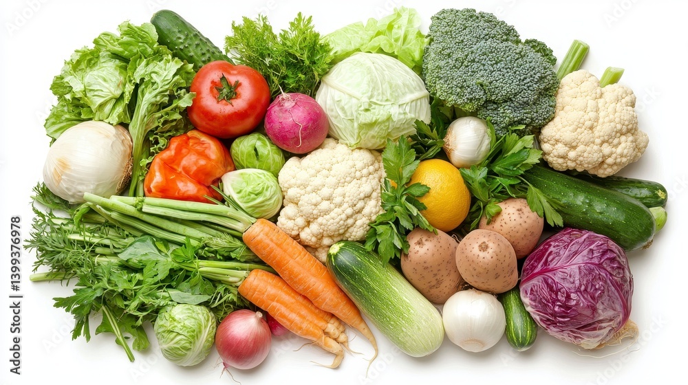 Assortment of Fresh Vegetables on White Background, Generative AI. Assortment of Fresh Vegetables on White Background, Generative AI.