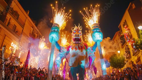 La Patum de Berga festival, a kaleidoscope of Catalan culture, with giant papier-mâché figures towering amidst the glowing streets, rhythmic drumming guiding the vibrant parades