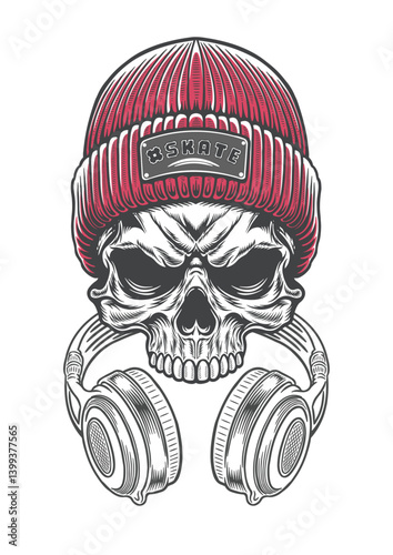 Skull with vintage style beanie hat and vintage style earphone 68 - BW