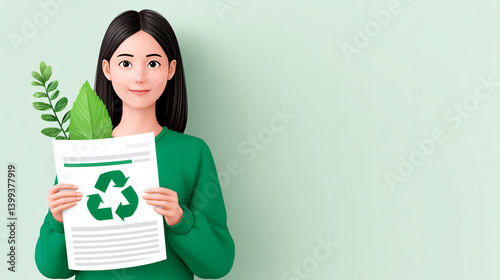 young woman holding document with recycling symbol, surrounded by green leaves, promoting sustainability and environmental awareness. She has friendly expression and is dressed in green sweater