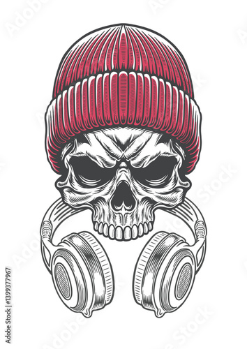 Skull with vintage style beanie hat and vintage style earphone 68b - BW