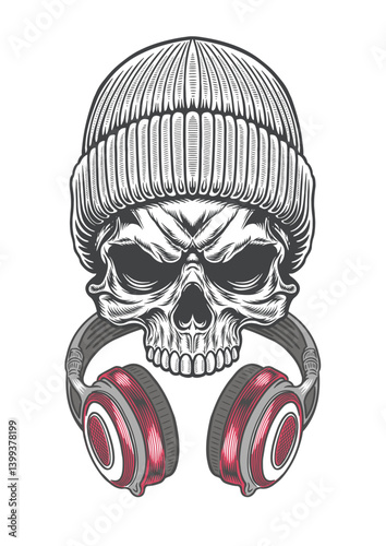 Skull with vintage style beanie hat and vintage style earphone 68b - BWb2