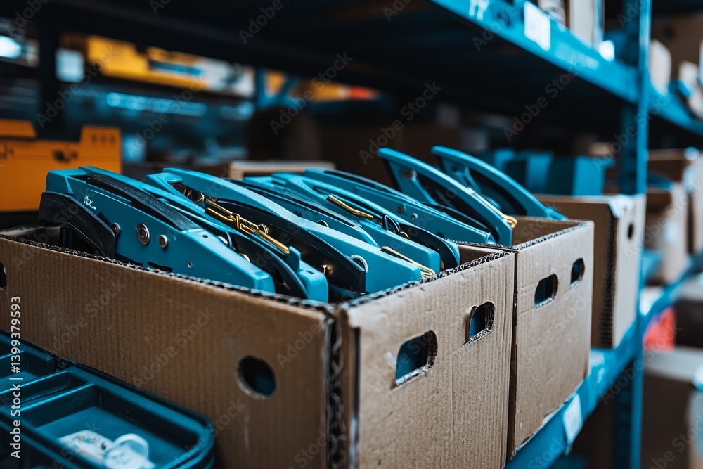 Someone unloads staplers and hole punches from a cardboard box. They place them neatly on a metal shelf. A recycling bin is close by