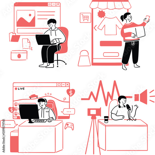 A dynamic set of modern profession illustrations showing men and women working as developers, traders, content creators, and remote workers. Each character is surrounded by surreal digital elements