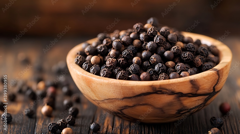 Aromatic Black Peppercorns in Wooden Bowl Aromatic Black Peppercorns in Wooden Bowl