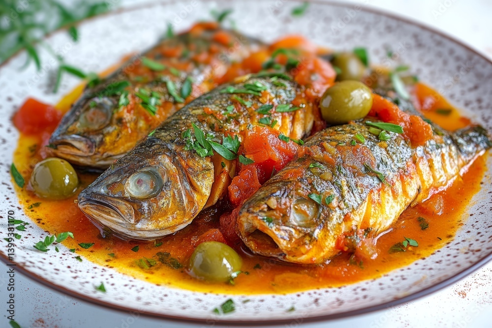Fish stewed in tomatoes garnished with olives and cherry tomatoes. Concept of culinary tradition features fish stewed in tomatoes, known as Cacciatore di Pesce. Fish stewed in tomatoes garnished with olives and cherry tomatoes. Concept of culinary tradition features fish stewed in tomatoes, known as Cacciatore di Pesce.