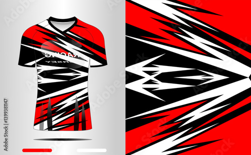 Dynamic sports jersey design featuring bold red, black, and white patterns, ideal for athletic wear