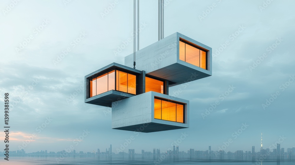 Suspended Concrete Modular House Above City Skyline at Dawn Suspended Concrete Modular House Above City Skyline at Dawn