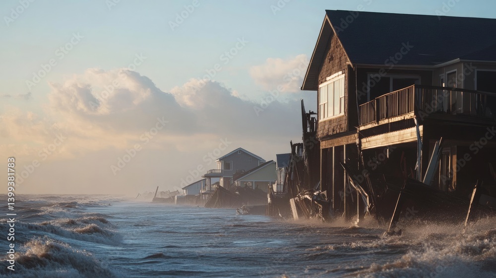 Severe storm surge aftermath damaging oceanfront homes after hurricane landfall in Florida, showing coastal destruction, flooding, and climate disaster impact on residential infrastructure