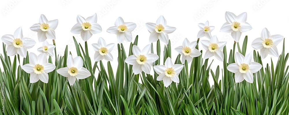 Fototapeta premium White daffodils bloom in a garden, isolated on white for a fresh spring floral design