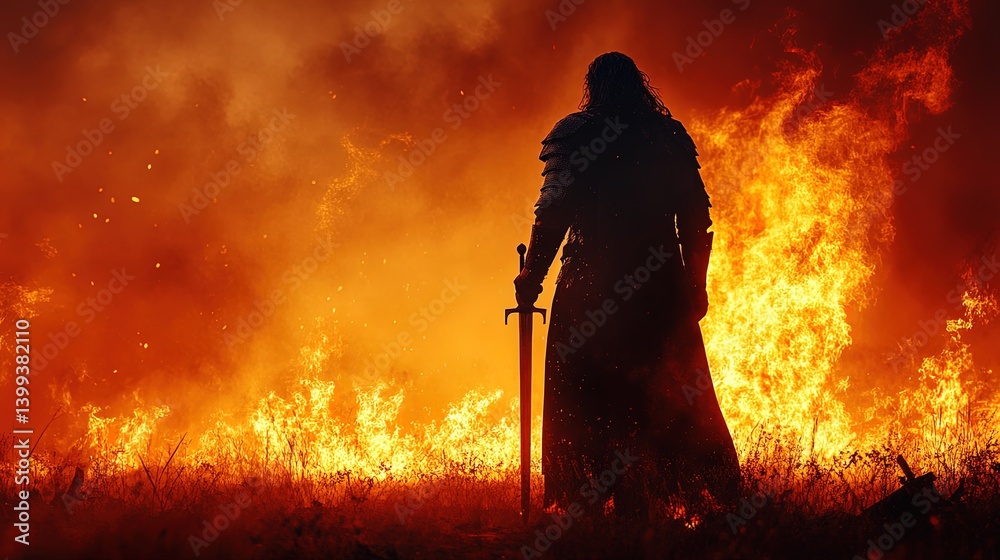 Fototapeta premium Silhouette of a warrior holding a sword, standing against a burning battlefield