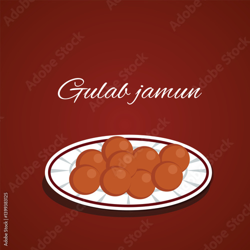 An illustration of a plate full of Gulab Jamun, a popular Indian dessert made from milk solids, deep-fried, and soaked in sugar syrup. 
