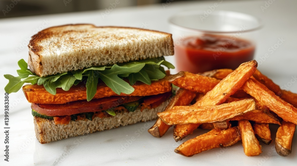 Delicious veggie sandwich with sweet potato fries and spicy ketchup served on a marble table healthy food Delicious veggie sandwich with sweet potato fries and spicy ketchup served on a marble table healthy food