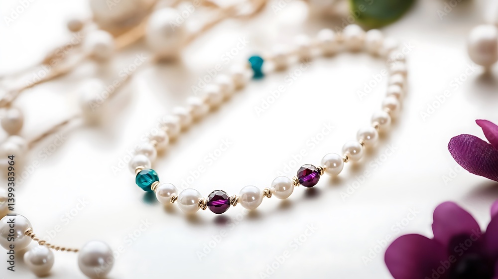 Obraz premium Necklace with a blue stone and a purple stone is on a white background