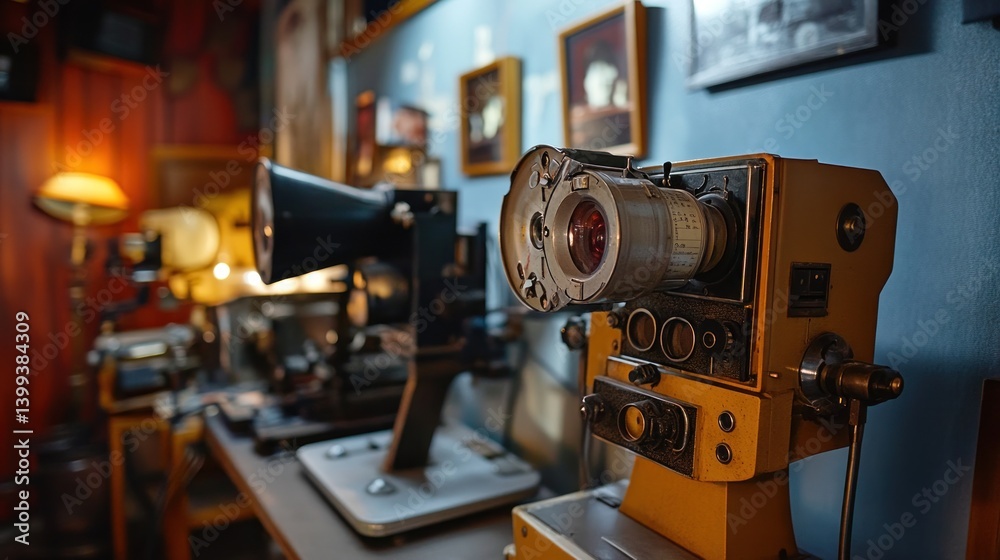 Fototapeta premium Vintage movie projectors and film editing equipment displayed on a table in a dimly lit room.