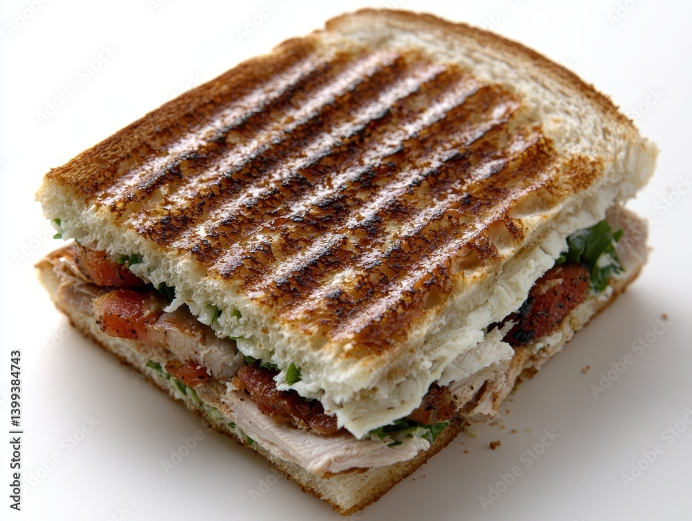 Delicious Grilled Chicken and Mozzarella Sandwich with Fresh Basil on White Background Studio Shot Delicious Grilled Chicken and Mozzarella Sandwich with Fresh Basil on White Background Studio Shot