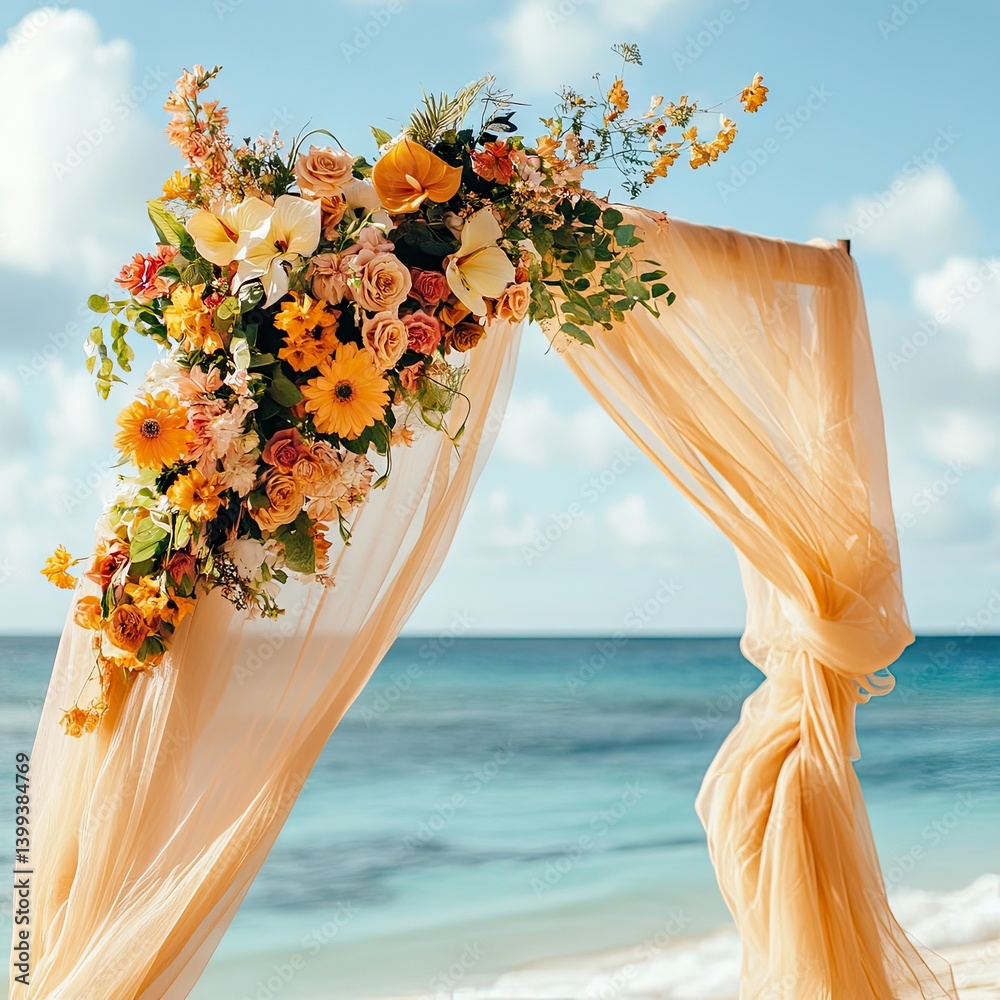 A vibrant, beachside wedding arch adorned with a profusion of orange and peach blossoms.