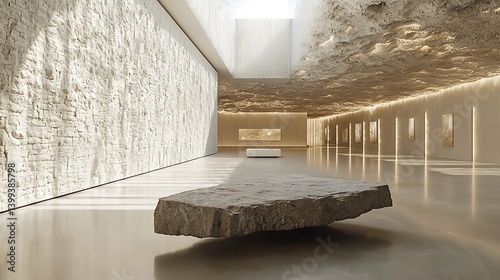 White brick gallery floor, single stone plinth, reflected ceiling light, ground level view, solid mass.