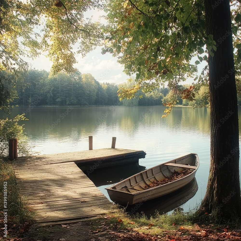 Serene lake scene with wooden dock and boat under autumn trees. Tranquil morning light on still water Serene lake scene with wooden dock and boat under autumn trees. Tranquil morning light on still water