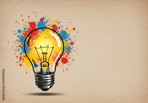 Hand-drawn light bulb with bold gouache splatters in red, blue, and yellow on textured paper – artistic and joyful illustration