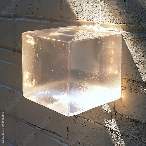 White brick gallery niche, single glass sculpture, focused spotlight, close up detail, transparent texture.