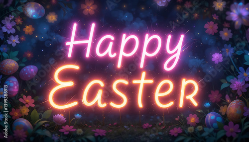  Happy Easter Text in Neon Lights Banner.