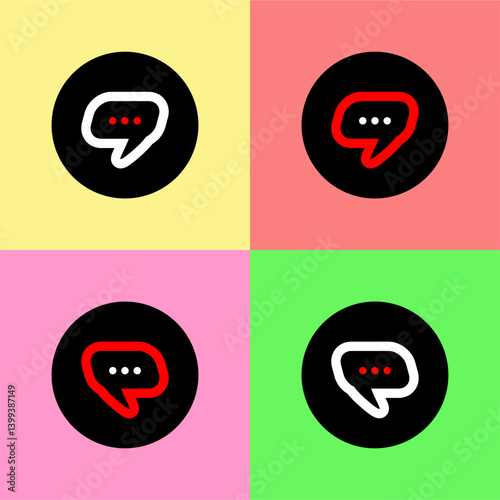 Pop art-style speech bubble icons set against four colorful backgrounds (yellow, red, pink, green). Each icon features a contrasting outline and ellipsis inside a black circle.