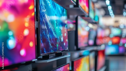 Many colorful TVs on display in electronics store photo