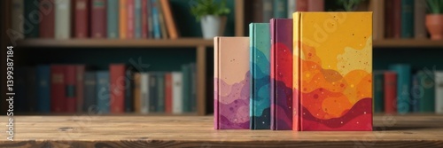 Book cover mockup with three sizes on a wooden table, layout, book design