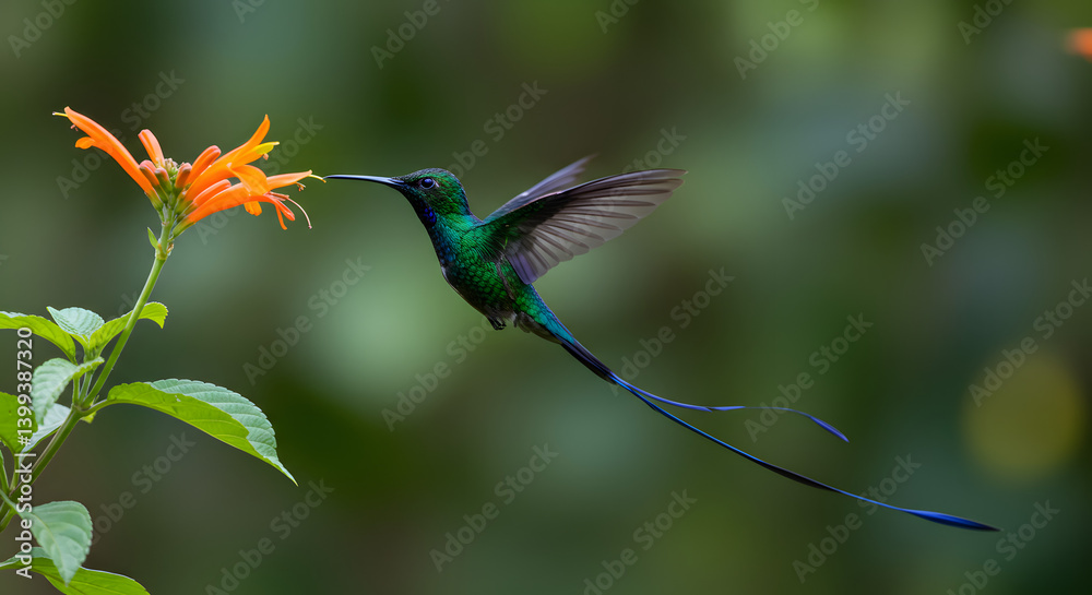 Fototapeta premium Tiny colorful Hummingbird hovering gracefully in mid-air while feeding on nectar from a bright orange trumpet vine flower blossom.
