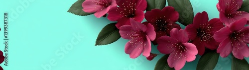 Floral arrangement of pink and red blossoms with green leaves on a blue background.