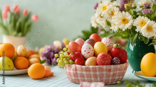 Easter Festival. Colorful Easter Eggs and Spring Flowers in a Basket