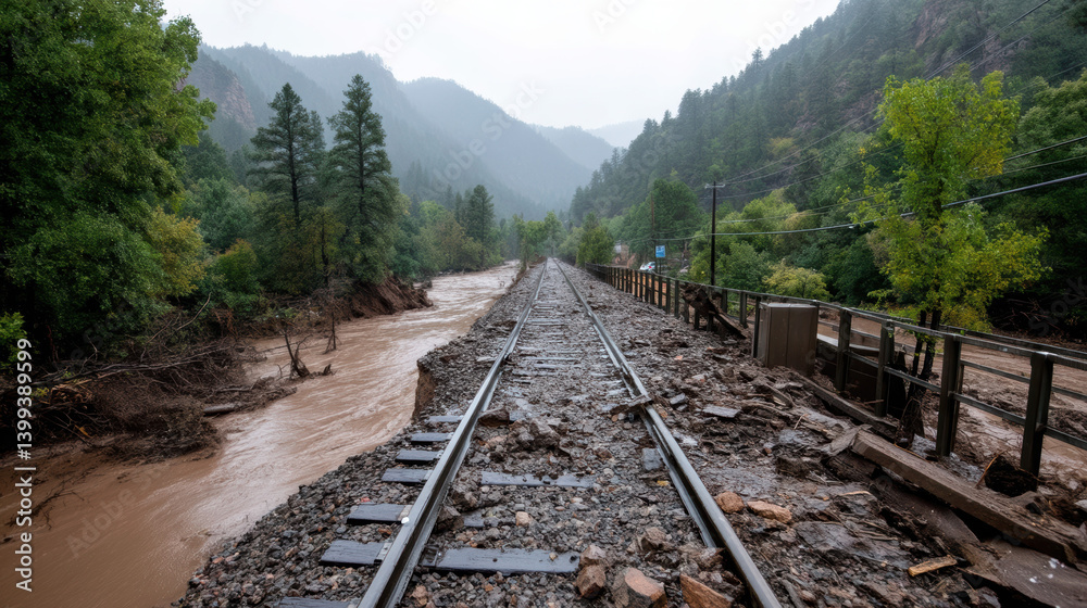 Fototapeta premium Landslide blocking railway track in mountainous area with muddy river