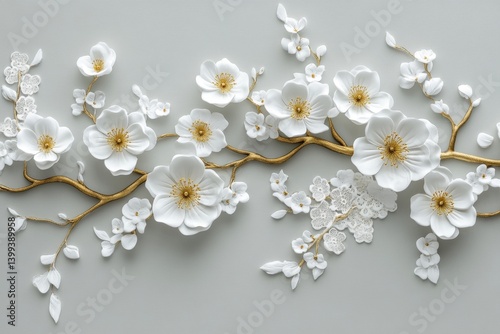 Elegant white blossoms on golden branches photo