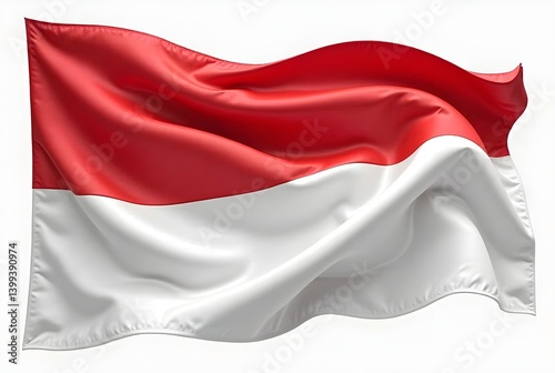 A vibrant, flowing flag of Indonesia proudly displaying its iconic red and white colors against a clean background